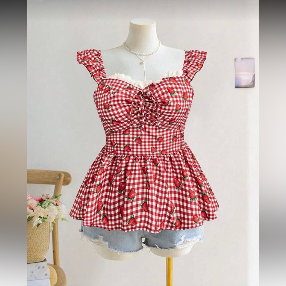 Retro Red Gingham Ruffle Top